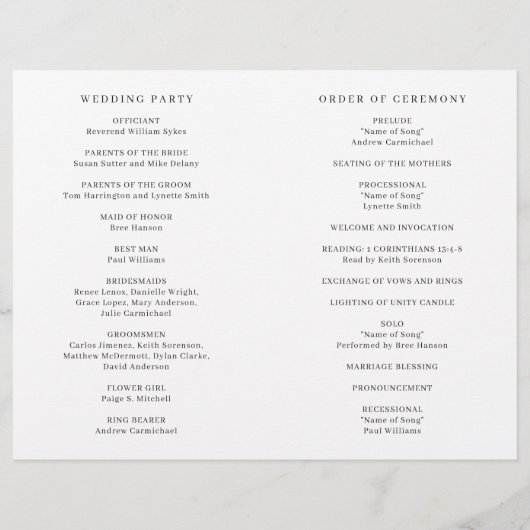 Elegantes formales Hochzeitsprogramm für das gedec (Rückseite)