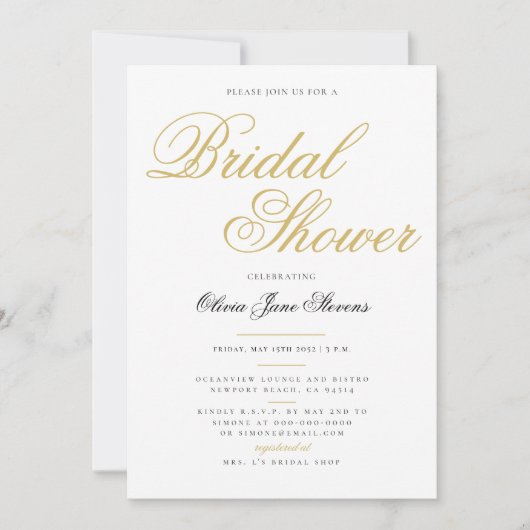 Elegantes formales klassisches Gold-Script-Brautpa Einladung (Vorderseite)