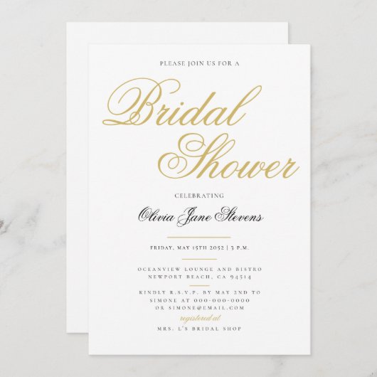 Elegantes formales klassisches Gold-Script-Brautpa Einladung (Vorne/Hinten)