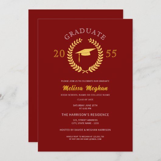 Elegantes formales Laurel Wreath Gold Cap Party Einladung (Vorne/Hinten)