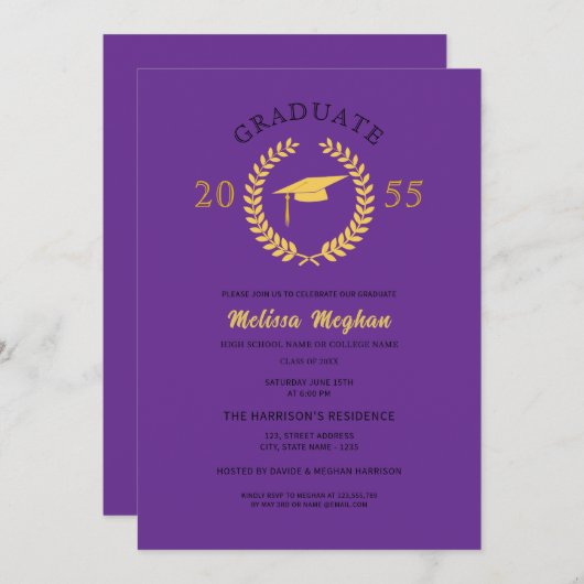 Elegantes formales Laurel Wreath Gold Cap Party Einladung (Vorne/Hinten)