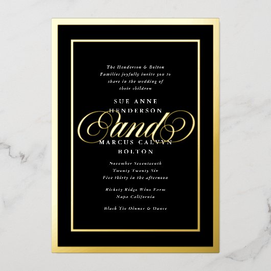 Elegantes formales Premium Gold Frame Wedding Folieneinladung (Vorderseite)