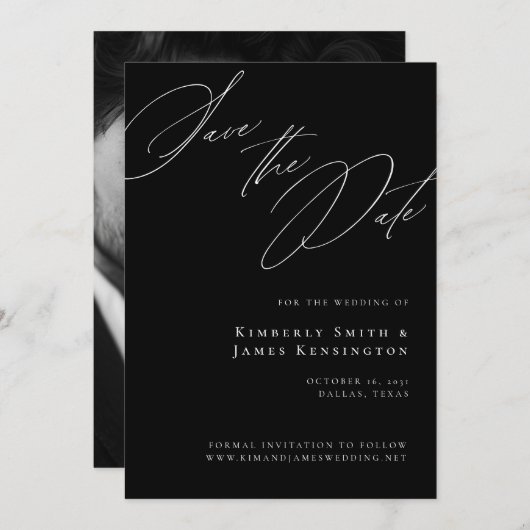 Elegantes formales Schwarzes Foto Hochzeit Save The Date (Vorne/Hinten)