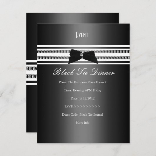 Elegantes formales Schwarzes Krawatte Silver Gray Einladung (Vorne/Hinten)