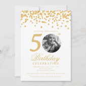 Elegantes Foto 50. Geburtstag Gold Confetti Einladung (Vorderseite)