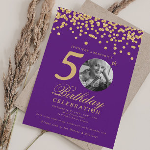 Elegantes Foto 50. Geburtstag Gold Confetti Lila Einladung