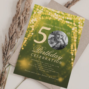 Elegantes Foto 50. Geburtstag Gold Green Glam Ligh Einladung