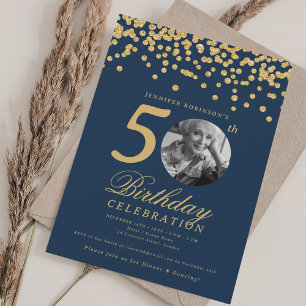 Elegantes Foto 50. Geburtstag Gold Konfetti Navy B Einladung