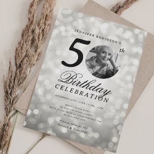 Elegantes Foto 50. Geburtstagsparty Silver Bokeh Einladung