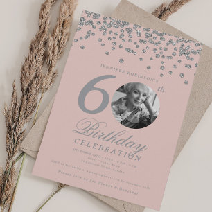 Elegantes Foto 60. Geburtstag Silver Confetti Blus Einladung