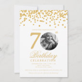 Elegantes Foto 70. Geburtstag Gold Confetti Einladung (Vorderseite)