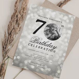 Elegantes Foto 70. Geburtstagsparty Silver Bokeh Einladung