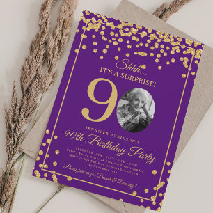 Elegantes Foto 90. Geburtstag Gold Konfetti Lila Einladung