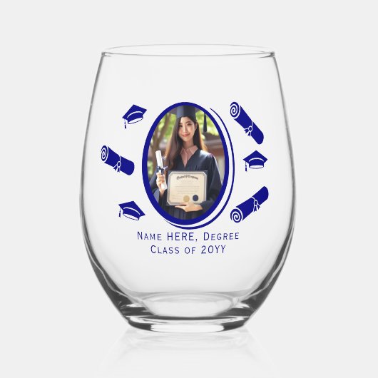 Elegantes Foto Abschluss Diploma and Cap, blau Weinglas Ohne Stiel (Vorderseite)