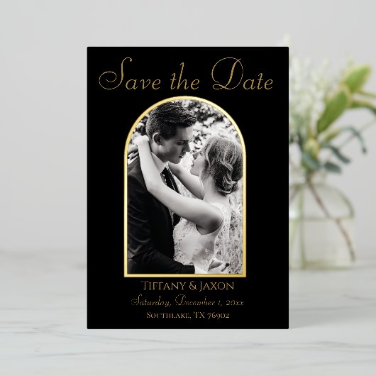 Elegantes Foto Arch Save the Date Real Folieneinladung (Stehend vorne)