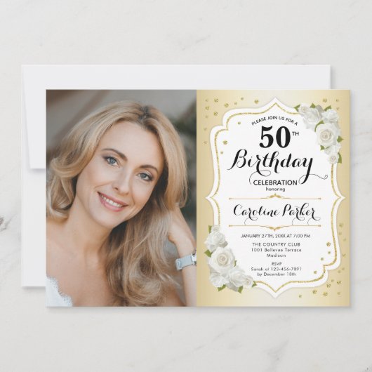 Elegantes Foto aus Weißblütenblättern 50. Geburtst Einladung (Vorderseite)