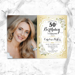 Elegantes Foto aus Weißblütenblättern 50. Geburtst Einladung<br><div class="desc">Elegante florale feminine 50. Geburtstagseinladung mit Ihrem Foto. Glam-Design mit Imitat Gold. Enthält weiße Rosen,  Skript-Schriftart und Konfetti. Ideal für ein stilvolles Party für Erwachsene. Personalisieren Sie Ihre persönlichen Daten. Kann für jedes Alter angepasst werden! Gedruckte Zazzle Einladungen oder Sofortdownload digitalen druckbaren Vorlage.</div>