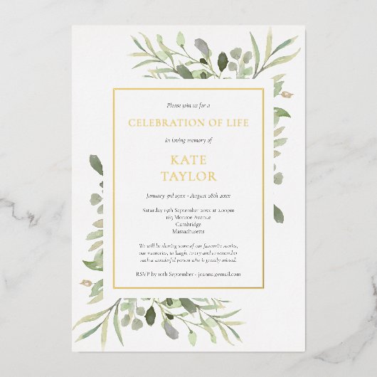 Elegantes Foto Beerdigung Feier des Lebens Gold Folieneinladung (Vorderseite)