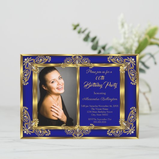 Elegantes Foto Birthday Party Royal Blue Gold Gems Einladung (Stehend Vorderseite)