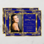 Elegantes Foto Birthday Party Royal Blue Gold Gems Einladung (Vorne/Hinten)