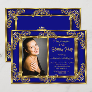 Elegantes Foto Birthday Party Royal Blue Gold Gems Einladung