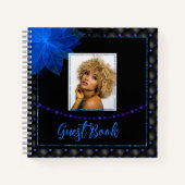 Elegantes Foto Black and Blue Birthday Gästebuch Notizblock (Vorderseite)