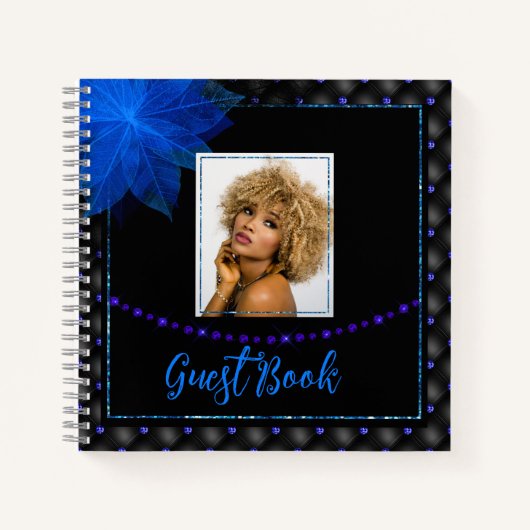 Elegantes Foto Black and Blue Birthday Gästebuch Notizblock (Vorderseite)