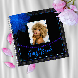 Elegantes Foto Black and Blue Birthday Gästebuch Notizblock