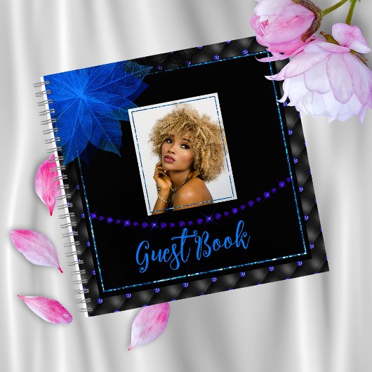 Elegantes Foto Black and Blue Birthday Gästebuch Notizblock