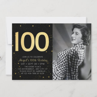 Elegantes Foto Black Gold 100. Geburtstagsparty Einladung