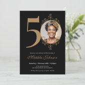 Elegantes Foto Black Gold 50. Geburtstag Einladung (Stehend Vorderseite)