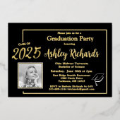 Elegantes Foto Black Gold Graduation Party Real Folieneinladung (Vorderseite)