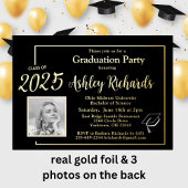 Elegantes Foto Black Gold Graduation Party Real Folieneinladung