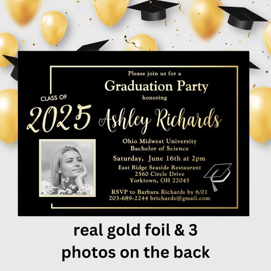 Elegantes Foto Black Gold Graduation Party Real Folieneinladung