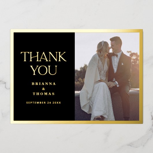 Elegantes Foto Black Gold-Hochzeit Dankeschön-Kart Folieneinladung (Vorderseite)