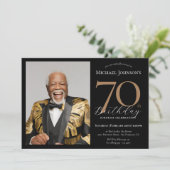 Elegantes Foto Black Gold Überraschung 70. Geburts Einladung (Stehend Vorderseite)