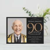 Elegantes Foto Black Gold Überraschung 90. Geburts Einladung (Stehend Vorderseite)