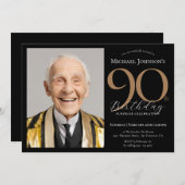 Elegantes Foto Black Gold Überraschung 90. Geburts Einladung (Vorne/Hinten)