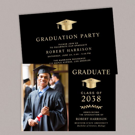 Elegantes Foto Black Gold Uni-Abschluß Party Einladung