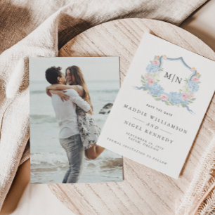 Elegantes Foto Blaues Monogramm Save-the-Date  Save The Date