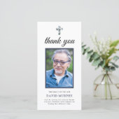 Elegantes Foto Blue Floral Memorial Vielen Dank Karte (Stehend Vorderseite)
