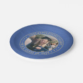 Elegantes Foto Blue & Gold Moderne Graduiertenpart Pappteller (Schrägansicht)