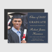 Elegantes Foto Blue Gold Uni-Abschluss Magneteinladung (Vorne/Hinten)