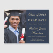 Elegantes Foto Blue Gold Uni-Abschluss Magneteinladung (Vorderseite)