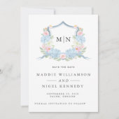 Elegantes Foto Blue Monogram Save the Date (Vorderseite)