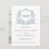 Elegantes Foto Blue Monogram Save the Date (Vorne/Hinten)