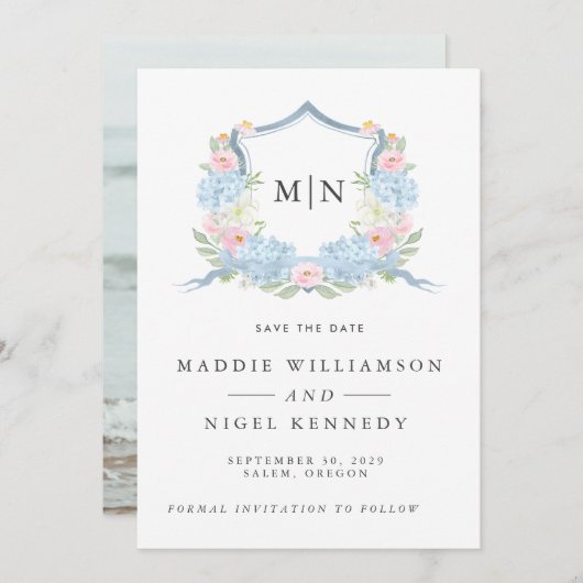 Elegantes Foto Blue Monogram Save the Date (Vorne/Hinten)