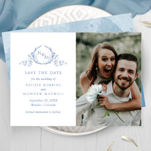 Elegantes Foto Blue Monogram Wedding Save the Date