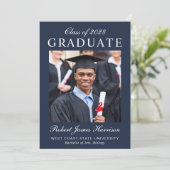 Elegantes Foto Blue Uni-Abschluss Ankündigung (Stehend Vorderseite)