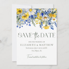 Elegantes Foto Blue Yellow Wildblumen Boho Wedding Save The Date